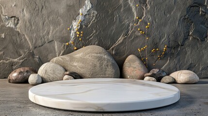 Obraz premium Empty high-quality photo ready porcelain podium for goods presentation enhanced with natural stones.