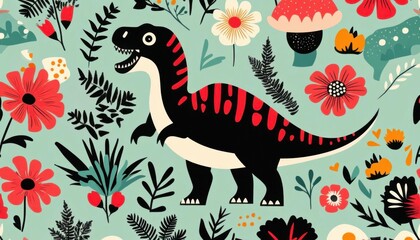 Whimsical floral patterns combined with playful dinosaur illustrations
