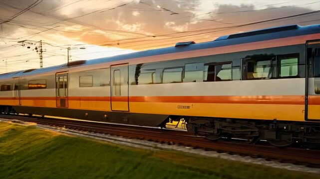 A modern passenger train speeding through a picturesque countryside,	
