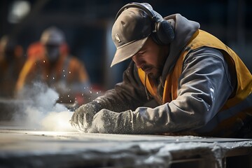 Worker working in a carpentry workshop, using a circular saw.