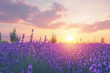Obraz premium Wonderful nature landscape, amazing sunset scenery with blooming lavender flowers. Moody sky, pastel colors on bright landscape view. Floral panoramic meadow nature in lines with trees and horizon, ai