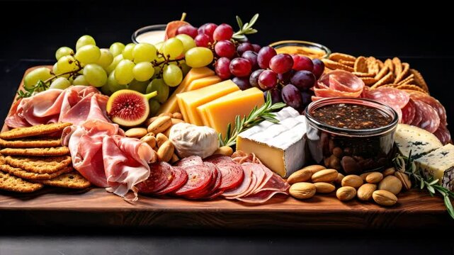 Variety of cheeses and cured meats on a slate board	