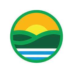 Logo with sunset and lake in green yellow orange and blue 