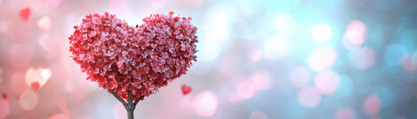Obraz premium A vibrant pink heart made of flowers, symbolizing love and romance, set against a soft blue bokeh background.