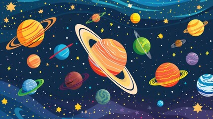 Cartoon depiction of the solar system with orbiting planets and satellites. Concept Cartoon, Solar System, Planets, Satellites, Depiction