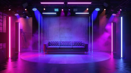 Obraz premium TV studio stage with LED spotlights and luxury couch creates immersive experience. Concept TV Studios, LED Lighting, Luxury Couch, Immersive Experience 