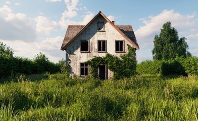 An abandoned house surrounded by overgrown grass and trees, showcasing nature reclaiming a once lively home.