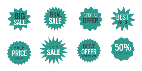Green starburst sale stickers super sale stickers and tags collection and badges with best offer and discount signs vector.