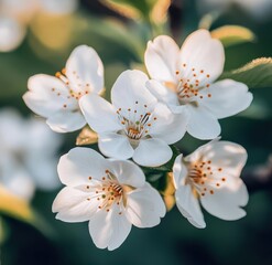 Fototapeta premium Crabapple tree's white flowers, blurred background