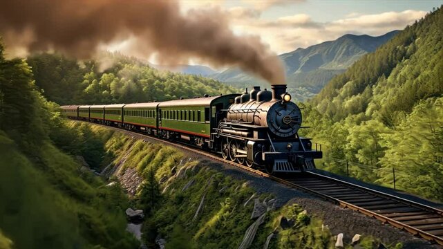 A vintage steam locomotive traveling along a scenic railroad track	