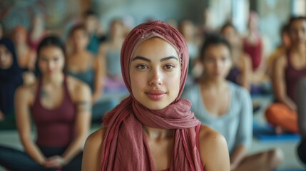 Obraz premium A diverse group of women, including Middle Eastern, Asian, and European individuals, attend a yoga class together