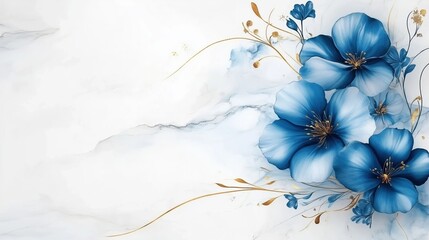 Elegant abstract blue floral design with golden lines on a white marble stone texture background. This high-resolution, hyper-realistic digital illustration features soft watercolor brushstrokes, deli
