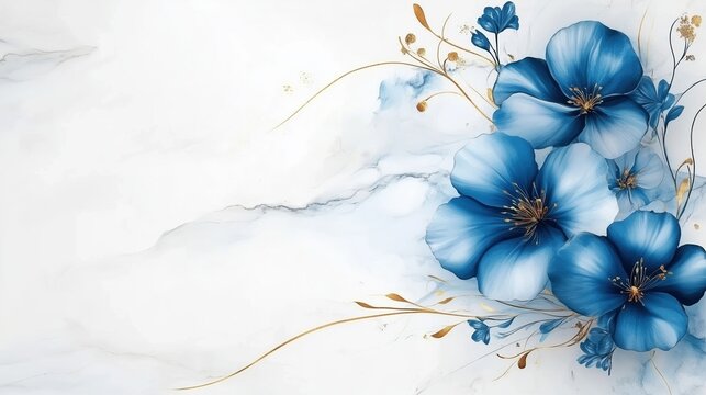 Elegant abstract blue floral design with golden lines on a white marble stone texture background. This high-resolution, hyper-realistic digital illustration features soft watercolor brushstrokes, deli
