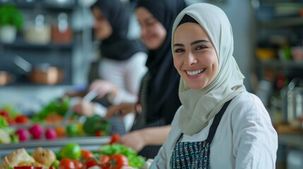 Middle Eastern women wearing hijab and their Asian and European friends participate in a cooking class to learn new recipes