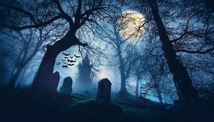 コウモリが舞う夜の森の墓、ハロウィン背景