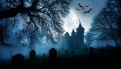 コウモリが舞う夜の森の墓、ハロウィン背景