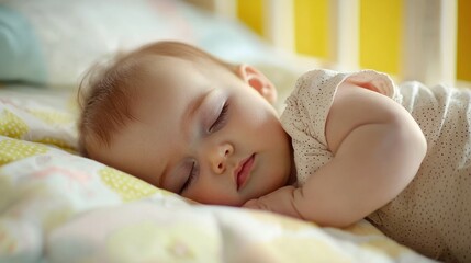 A baby sleeping soundly in a crib with soft, pastel-colored bedding