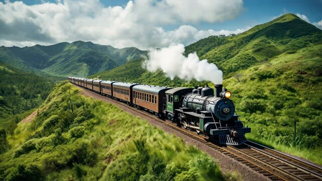 A vintage steam locomotive traveling along a scenic railroad track	