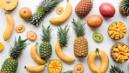 Organic tropical fruits including bananas, pineapples, and mangoes on white background with ample copy space. Tropical delights concept.