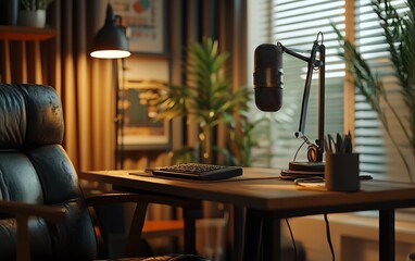 Intimate Podcasting Haven: Serene Studio with Wooden Desk, Warm Lighting, and Microphone Setup