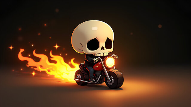 a small adorable humanoid figure with a skull head riding a miniature motorcycle front headlight and the flames