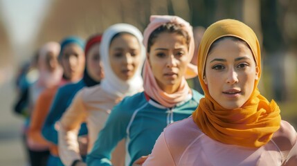 A diverse group of women, including Middle Eastern, Asian, and European individuals, participate in a charity run to support a local cause