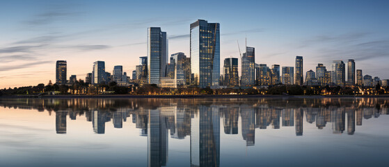Obraz premium Serene Cityscape Reflection at Twilight
