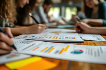 Fototapeta premium Collaborative work on business plans and competitor analysis is evident in this focused setting.