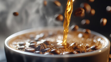 Fototapeta premium A close-up of coffee being poured into a cup, with steam rising and beans scattered around.