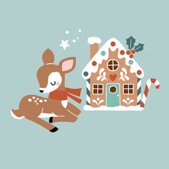 Cute hand drawn vector Christmas deer with gingerbread house. Perfect for tee shirt logo, greeting card, poster, invitation or nursery print design. EPS 10 vector file.