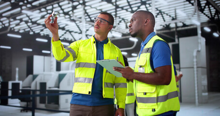 Factory Engineers Examining CNC machine parts