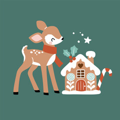 Cute hand drawn vector Christmas deer with gingerbread house. Perfect for tee shirt logo, greeting card, poster, invitation or nursery print design. EPS 10 vector file.