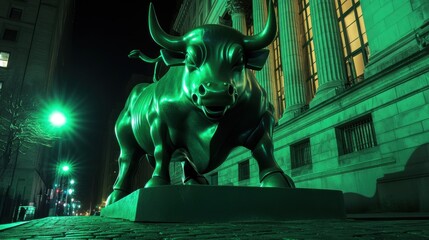 Fototapeta premium A striking view of a green illuminated bull statue, symbolizing strength and prosperity in a nighttime urban setting.