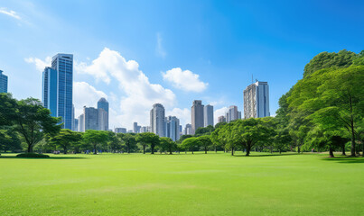 Serene Green Urban Park Amid City Skyscrapers