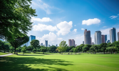 Fototapeta premium Serene Park Oasis Amidst City Skyscrapers