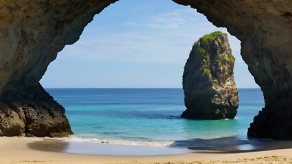 Digital painting depicting a cave opening that leads to a serene beach, view of the beach and ocean beyond.