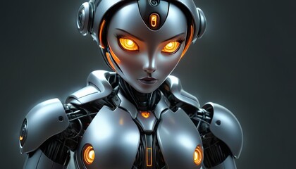 A close-up of a futuristic robot with glowing orange eyes and a sleek metallic design. The robot's intricate details and advanced technology reflect a high-tech and sci-fi aesthetic, perfect for