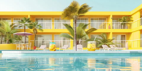 Vibrant Yellow Hotel Building with Large Pool and Surrounding Palm Trees