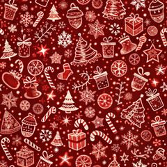 Festive Christmas pattern with gifts, snowflakes, and decorations on red background

