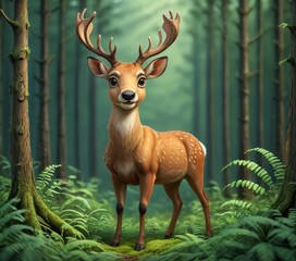 Fototapeta premium Whimsical deer standing gracefully in a lush green forest, with sunlight filtering through the trees, creating a serene and enchanting woodland scene that evokes a sense of wonder and tranquility.. AI