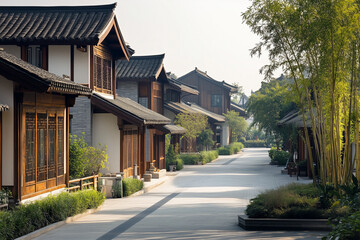 Naklejka premium A tranquil scene of an ancient Chinese village featuring traditional clay houses with tiled roofs and wooden shutters, Asian house 