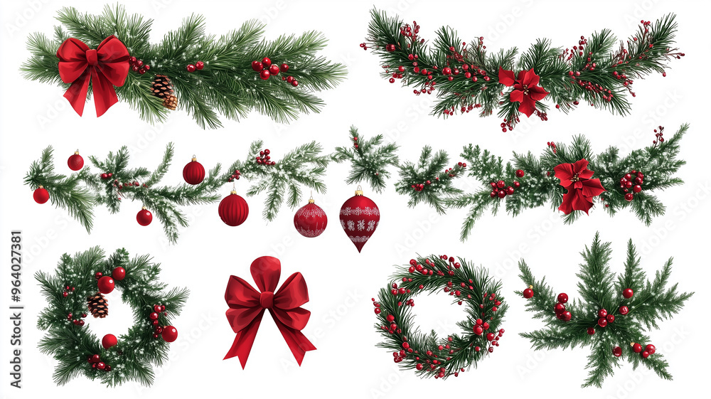 Wall mural vector illustration, set of christmas decor elements , garland festive set, isolated on white backgr