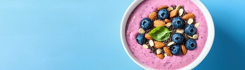 Fototapeta premium A vibrant smoothie bowl topped with blueberries, almonds, and mint leaves, set against a bright blue background.