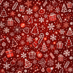 Festive Christmas pattern with gifts, snowflakes, and decorations on red background

