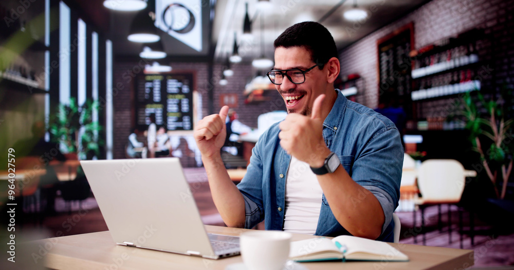 Poster excited business analyst using laptop computer