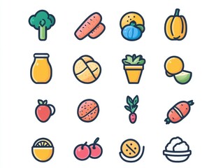 A collection of food icons including apples, oranges, carrots, broccoli, and more. The icons are arranged in a grid and are all in different colors