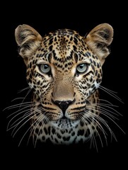 Fototapeta premium A close up of a leopard's face with a blue eye. The image is black and white