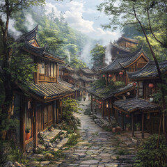 Fototapeta premium A tranquil scene of an ancient Chinese village featuring traditional clay houses with tiled roofs and wooden shutters, Asian house .