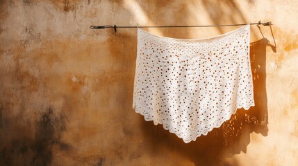 A white lace shawl is hanging on a clothesline