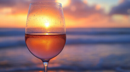 A glass of rosÃ© wine with a sunset beach view in the background, condensation on the glass.